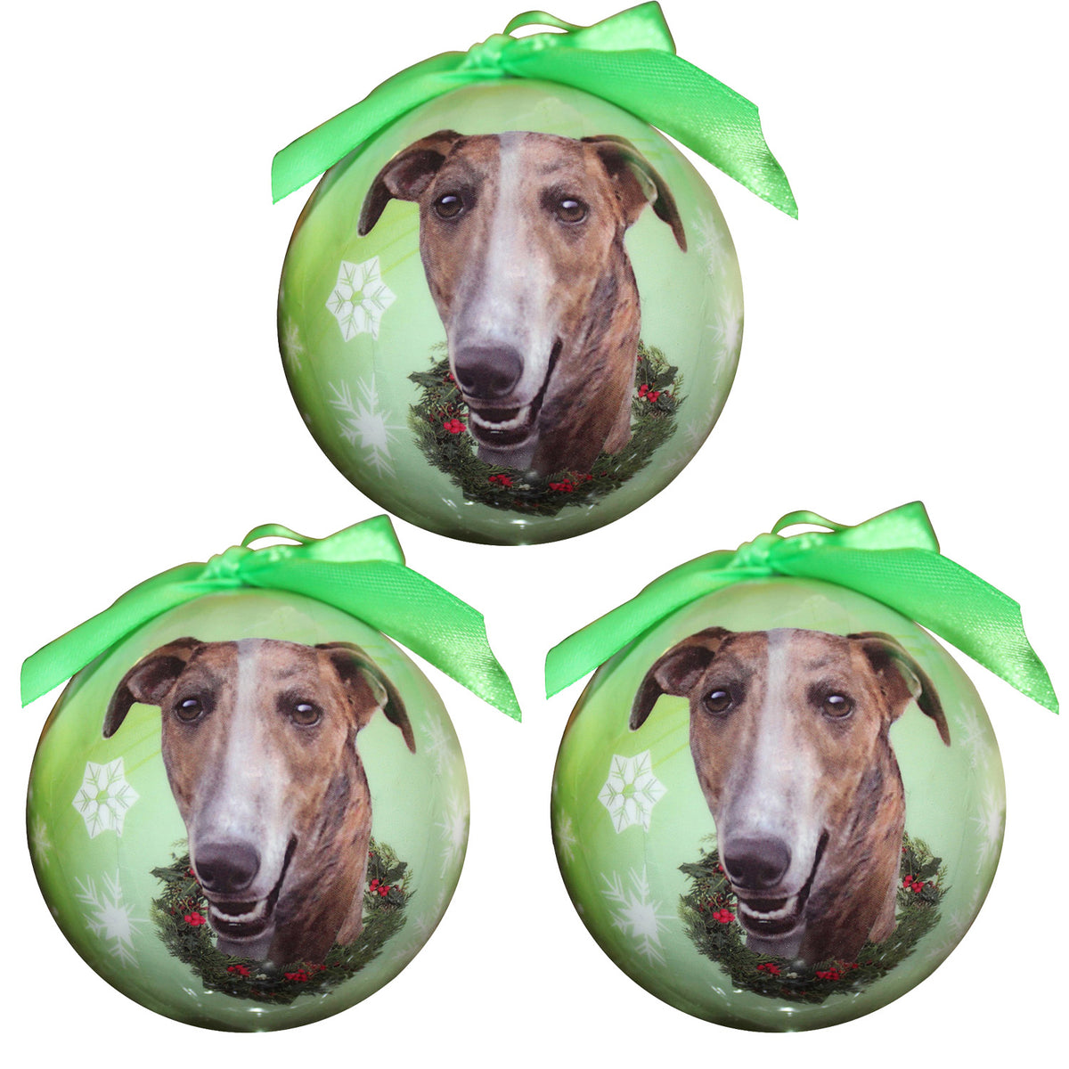 Brindle Greyhound Christmas Ball Ornament 3 Pack - One Size / Light Green Ornaments Old Glory