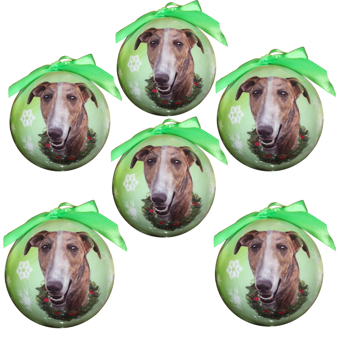 Brindle Greyhound Christmas Ball Ornament 6 Pack - One Size / Light Green Ornaments Old Glory