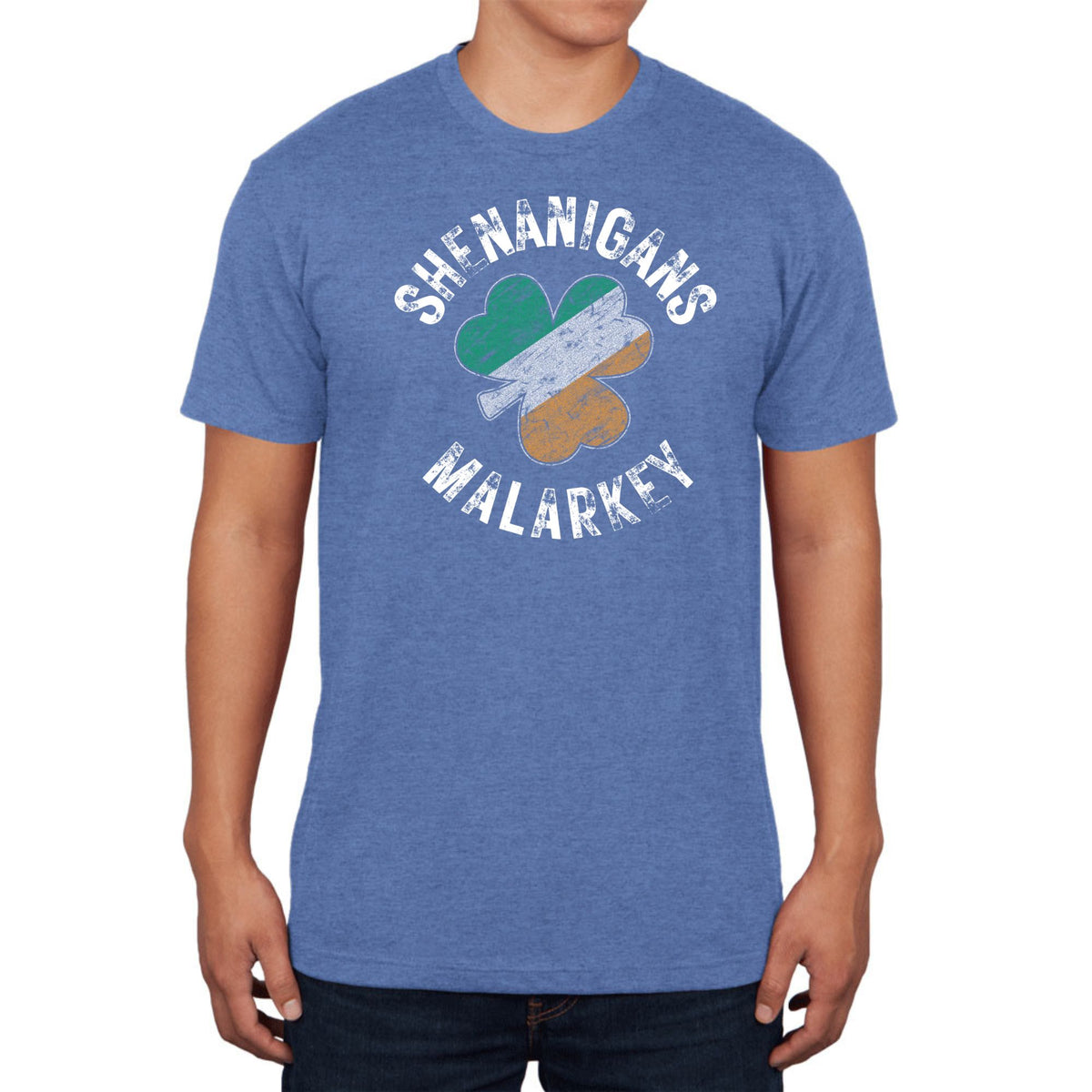 St Patricks Day Shenanigans Malarkey Distressed Irish Flag Clover Mens Tri-Blend T Shirt Men's T-Shirts Oldglory.com SM Heather Blue