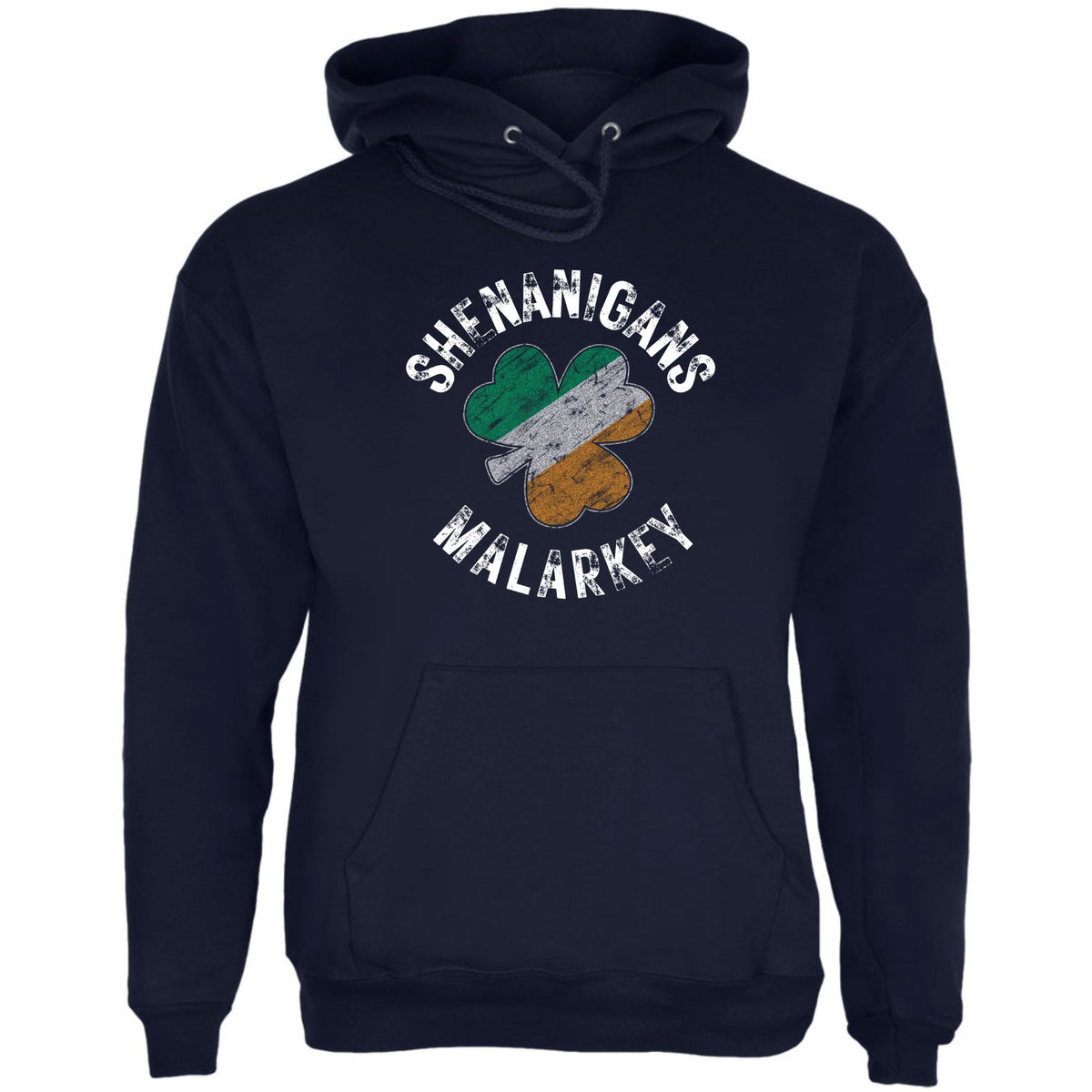St Patricks Day Shenanigans Malarkey Distressed Irish Flag Clover Mens Pullover Hoodie Men's Hoodies Oldglory.com SM Navy