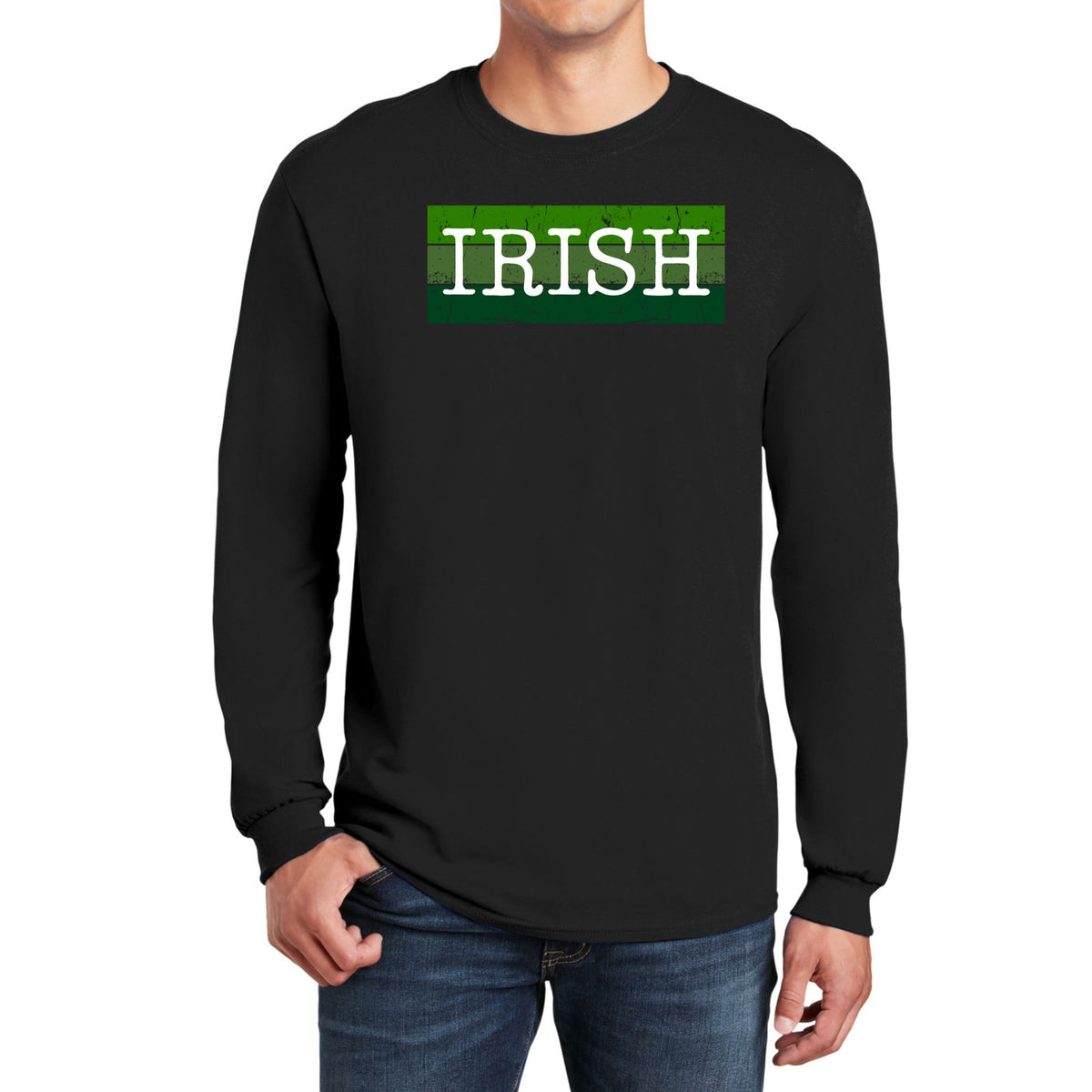 St Patricks Day Distressed Irish Typeset Mens Long Sleeve T Shirt Men's Long Sleeves Oldglory.com SM Black
