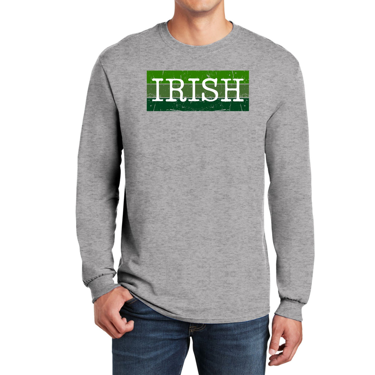 St Patricks Day Distressed Irish Typeset Mens Long Sleeve T Shirt Men's Long Sleeves Oldglory.com SM Heather Grey