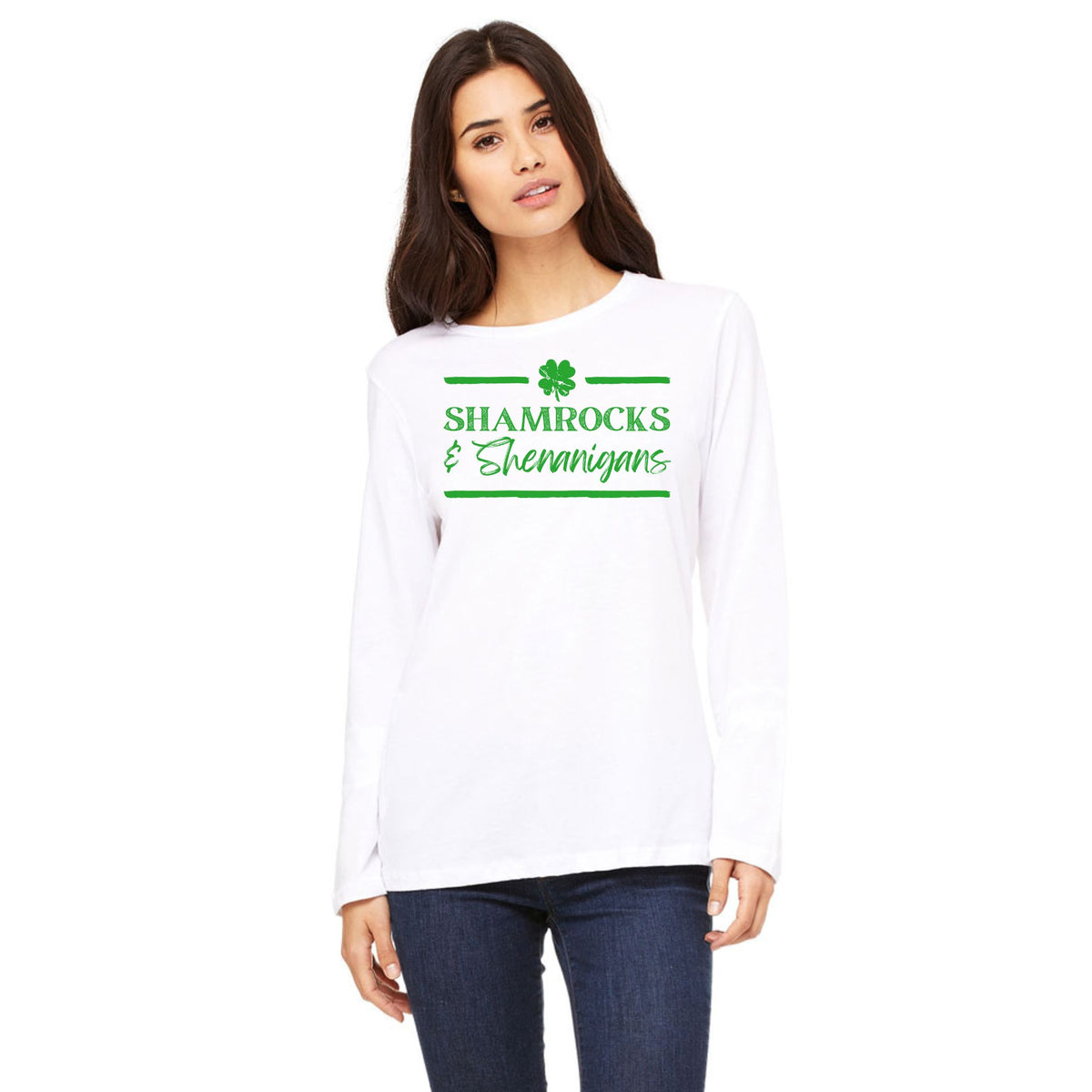 St Patricks Day Shamrock and Shenanigans Womens Long Sleeve T Shirt Women's Long Sleeves Oldglory.com SM White