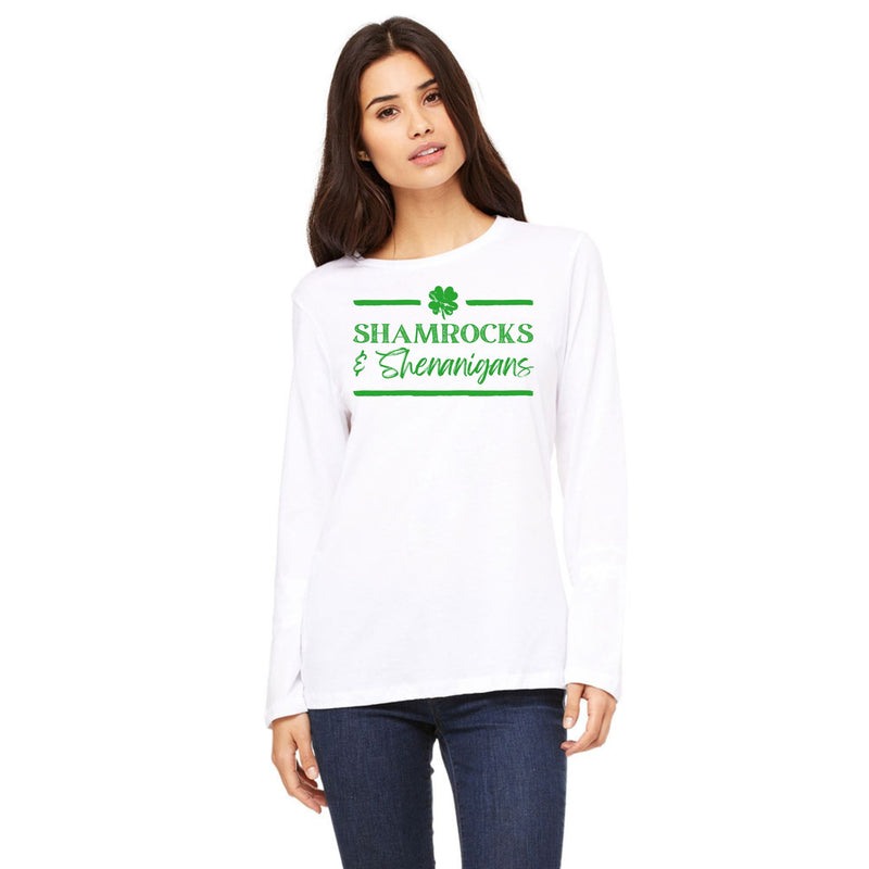 St Patricks Day Shamrock and Shenanigans Womens Long Sleeve T Shirt Women's Long Sleeves Oldglory.com SM White