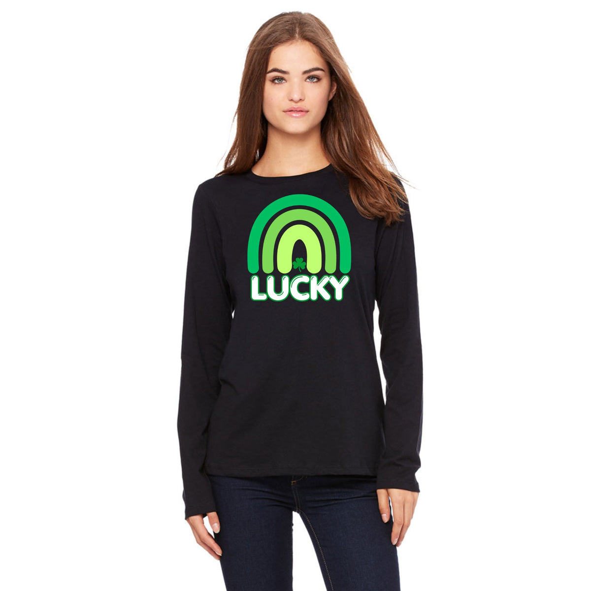 St Patricks Day Lucky Shamrock Rainbow Womens Long Sleeve T Shirt Women's Long Sleeves Oldglory.com SM Black