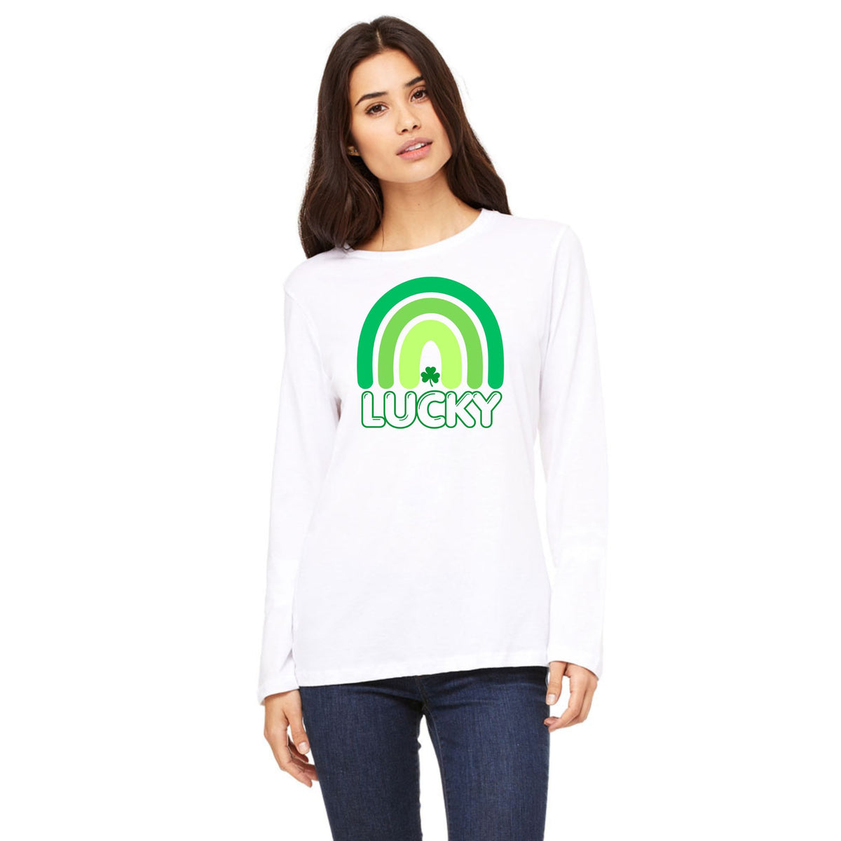 St Patricks Day Lucky Shamrock Rainbow Womens Long Sleeve T Shirt Women's Long Sleeves Oldglory.com SM White