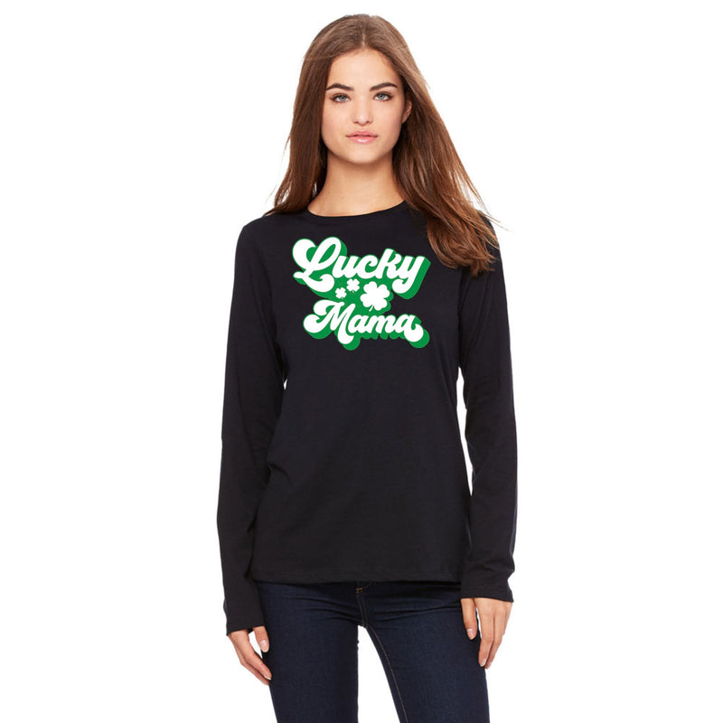 St Patricks Day Lucky Mama Womens Long Sleeve T Shirt Women's Long Sleeves Oldglory.com SM Black