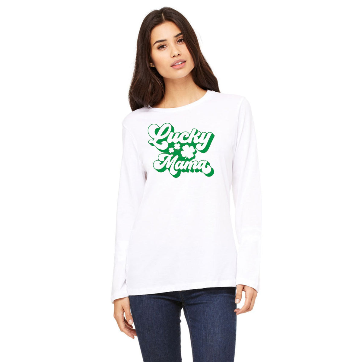 St Patricks Day Lucky Mama Womens Long Sleeve T Shirt Women's Long Sleeves Oldglory.com SM White