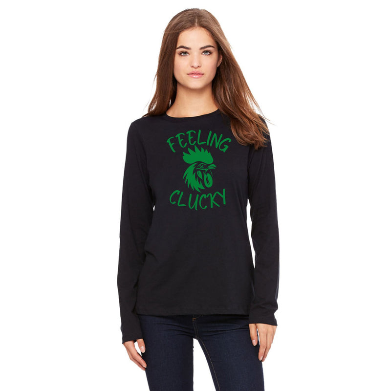 St Patricks Day Feeling Clucky Womens Long Sleeve T Shirt Women's Long Sleeves Oldglory.com SM Black