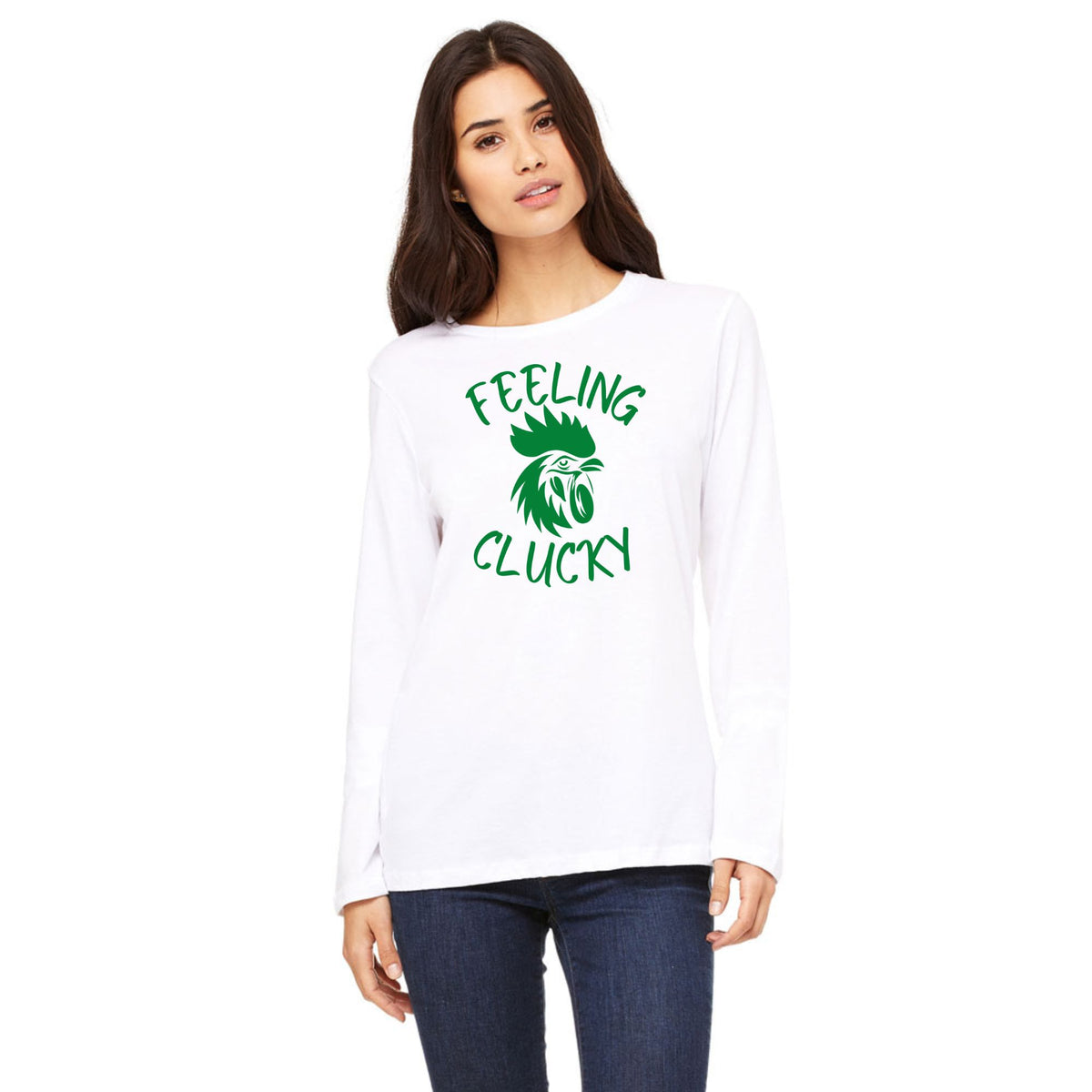 St Patricks Day Feeling Clucky Womens Long Sleeve T Shirt Women's Long Sleeves Oldglory.com SM White