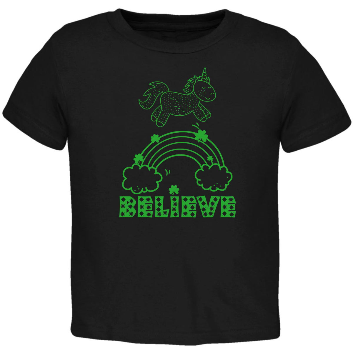 St Patricks Day Shamrock Rainbow Unicorn Believer Toddler T Shirt Toddler T-Shirts Oldglory.com 2T Black