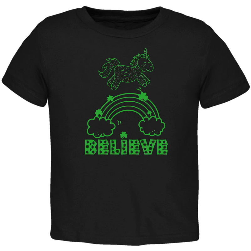 St Patricks Day Shamrock Rainbow Unicorn Believer Toddler T Shirt Toddler T-Shirts Oldglory.com 2T Black