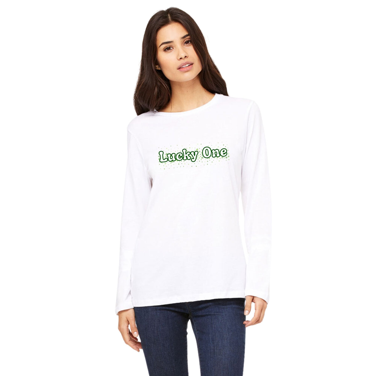 St. Patricks Day Clover Filled Lucky One Womens Long Sleeve T Shirt Women's Long Sleeves Oldglory.com SM White