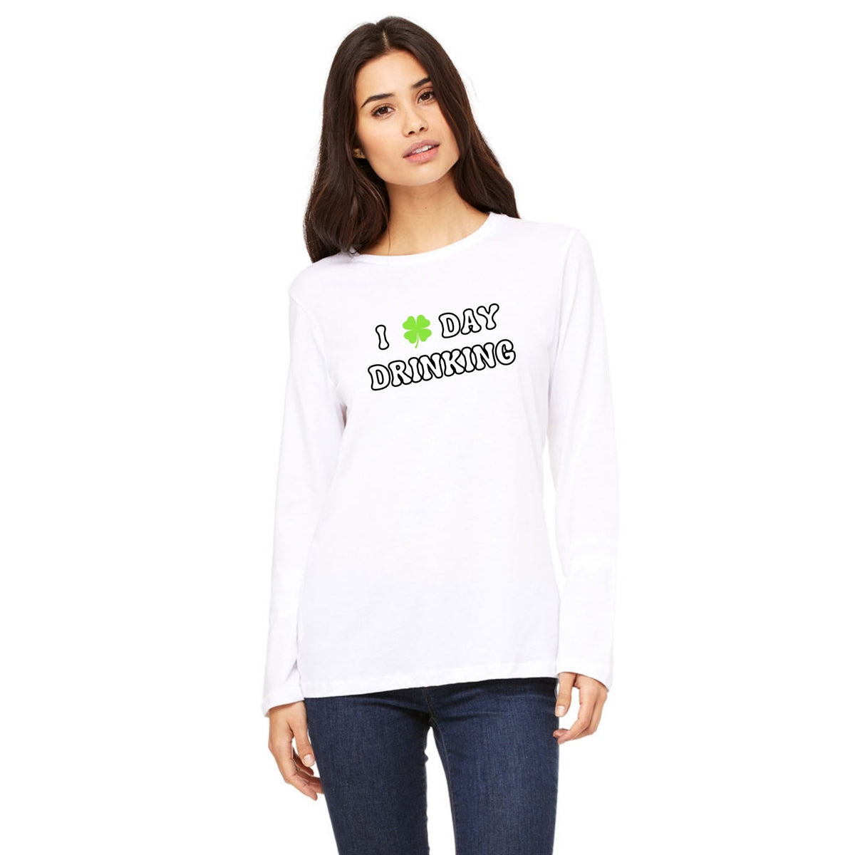 St. Patricks Day Festive I Love Day Drinking Shamrock Womens Long Sleeve T Shirt Women's Long Sleeves Oldglory.com SM White
