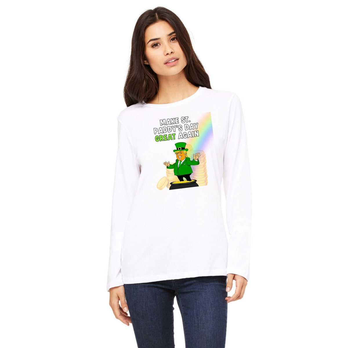 St. Patricks Day Festive and Political Trump Figure Themed Make St. Paddys Day Great Again End of the Rainbow Womens Long Sleeve T Shirt Women's Long Sleeves Oldglory.com SM White