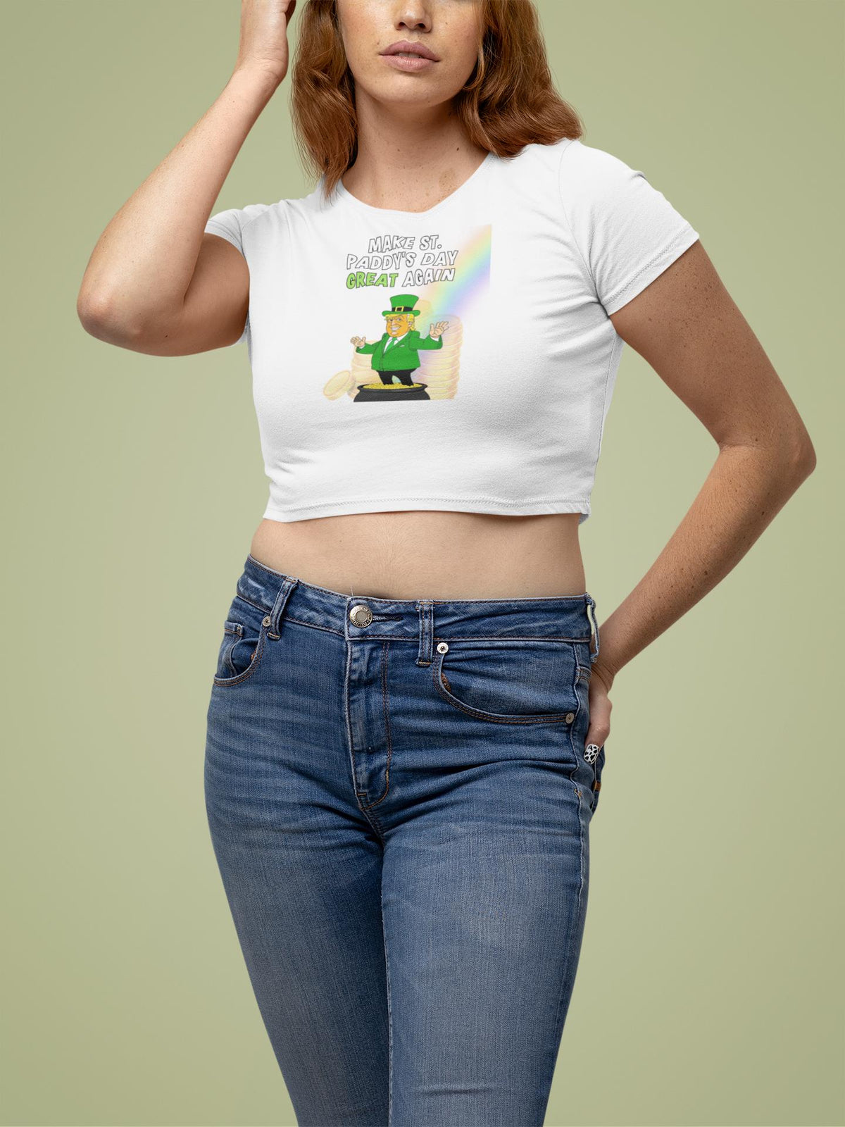 St. Patricks Day Festive and Political Trump Figure Themed Make St. Paddys Day Great Again End of the Rainbow Juniors Womens Crop Top T Shirt Juniors Crop T-Shirts Oldglory.com