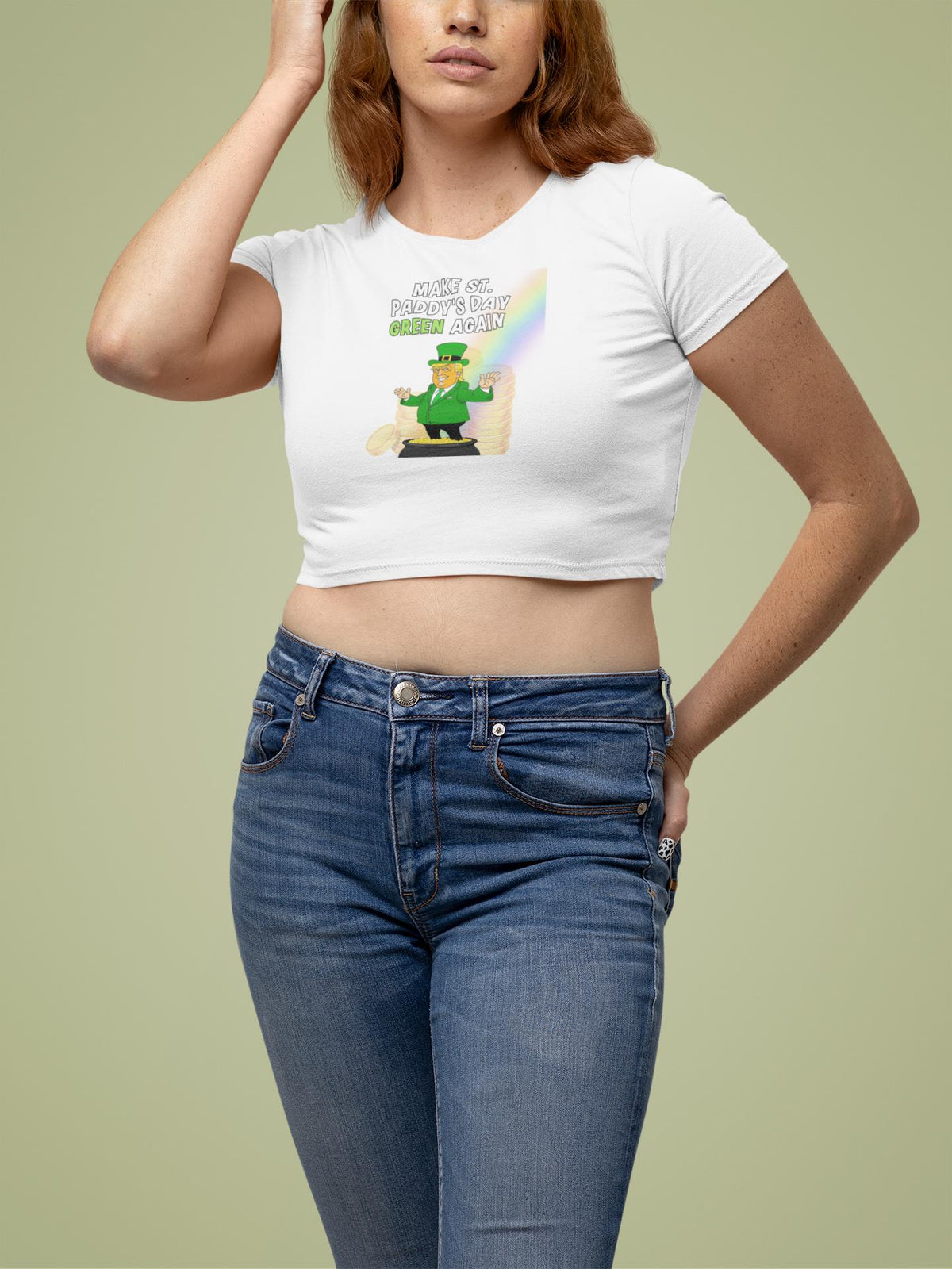 St. Patricks Day Festive and Political Trump Figure Themed Make St. Paddys Day Green Again End of the Rainbow Juniors Womens Crop Top T Shirt Juniors Crop T-Shirts Oldglory.com