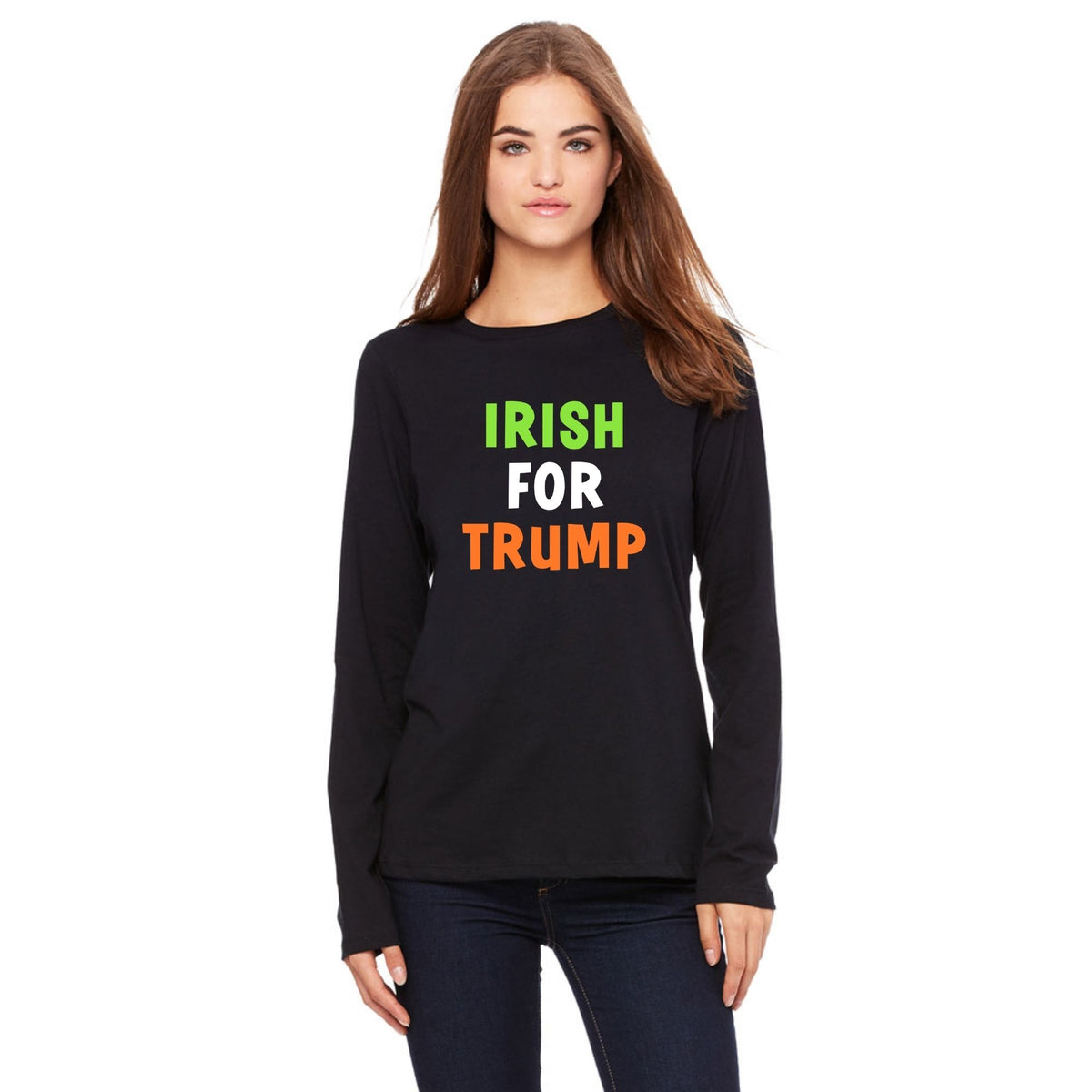 St. Patricks Day Irish Flag Colored Irish For Trump Funny and Political Womens Long Sleeve T Shirt Women's Long Sleeves Oldglory.com SM Black