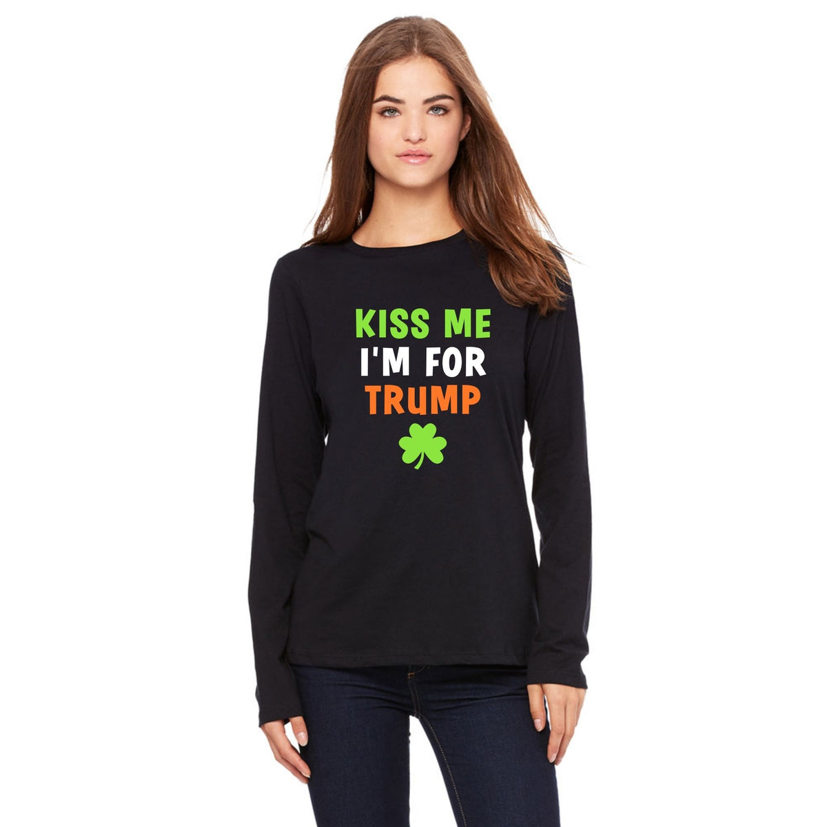 St. Patricks Day Irish Flag Colored Kiss Me I'm For Trump Shamrock Funny and Political Womens Long Sleeve T Shirt Women's Long Sleeves Oldglory.com SM Black