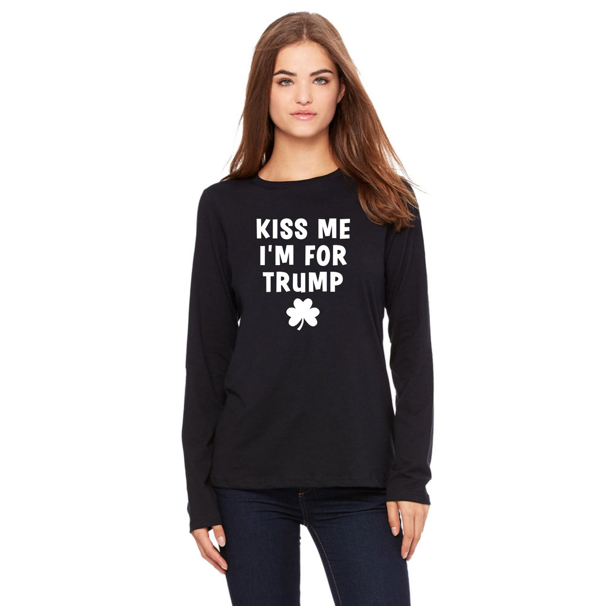 St. Patricks Day Political and Festive Kiss Me I'm For Trump Shamrock Womens Long Sleeve T Shirt Women's Long Sleeves Oldglory.com SM Black