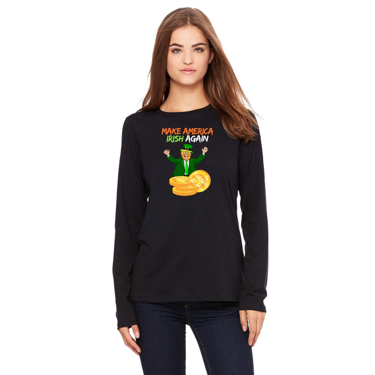 St. Patricks Day Political and Festive Irish Flag Colored Make America Irish Again Gold Coin Womens Long Sleeve T Shirt Women's Long Sleeves Oldglory.com SM Black