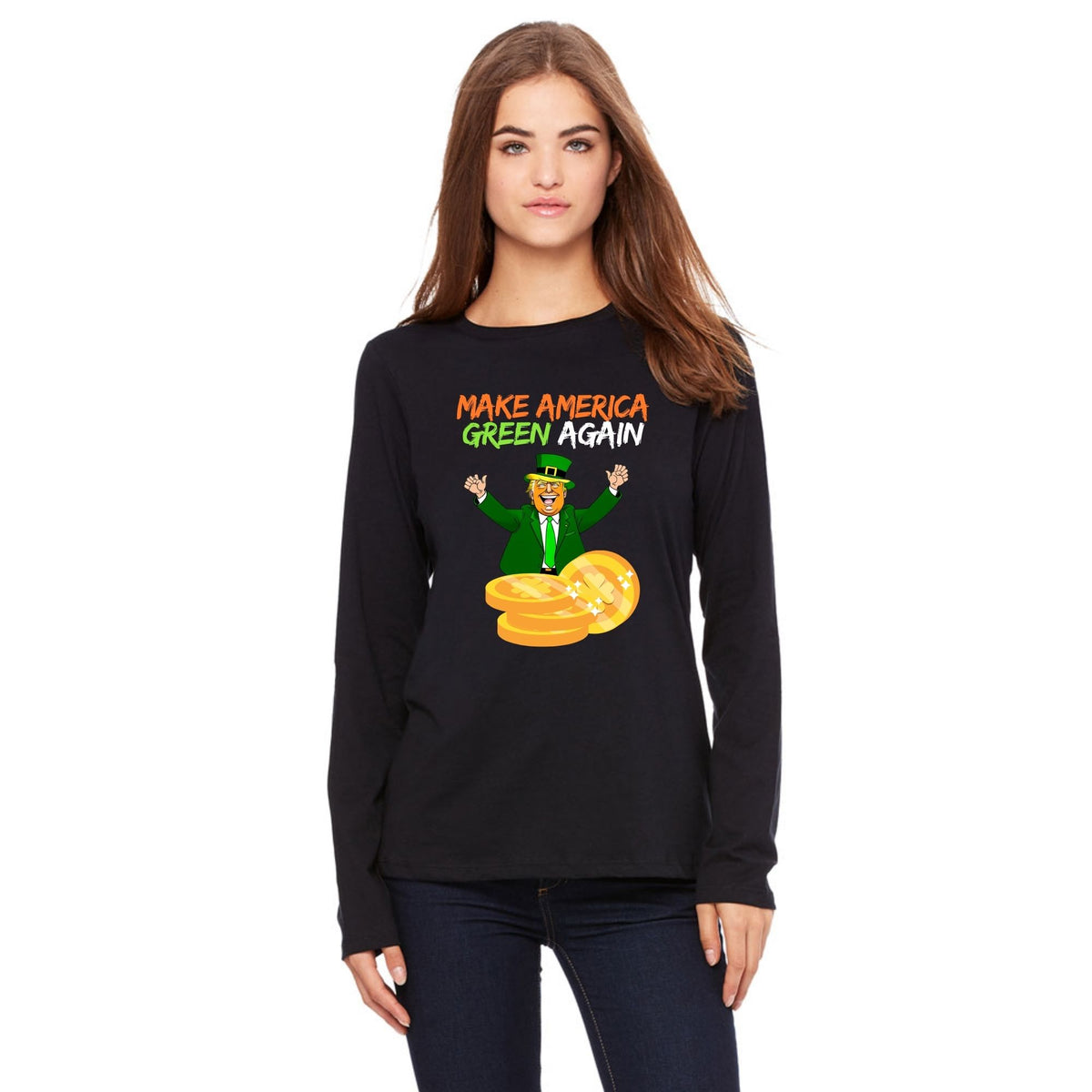 St. Patricks Day Political and Festive Irish Flag Colored Make America Green Again Gold Coin Womens Long Sleeve T Shirt Women's Long Sleeves Oldglory.com SM Black