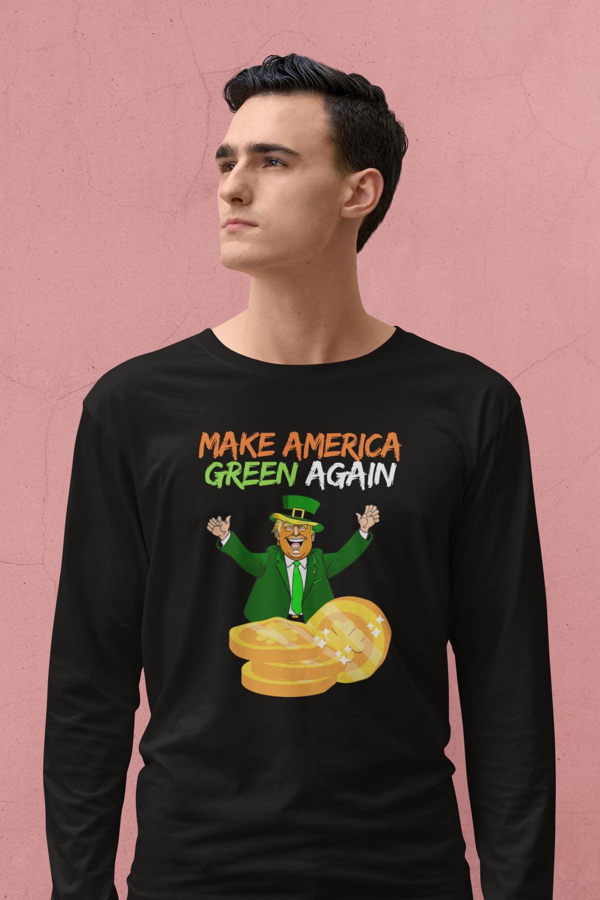 St. Patricks Day Political and Festive Irish Flag Colored Make America Green Again Gold Coin Mens Long Sleeve T Shirt Men's Long Sleeves Oldglory.com