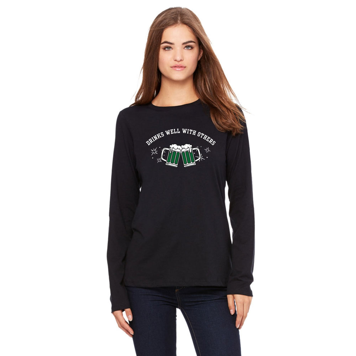 St. Patricks Day Funny Drinks Well With Others Beer Mugs Womens Long Sleeve T Shirt Women's Long Sleeves Oldglory.com SM Black