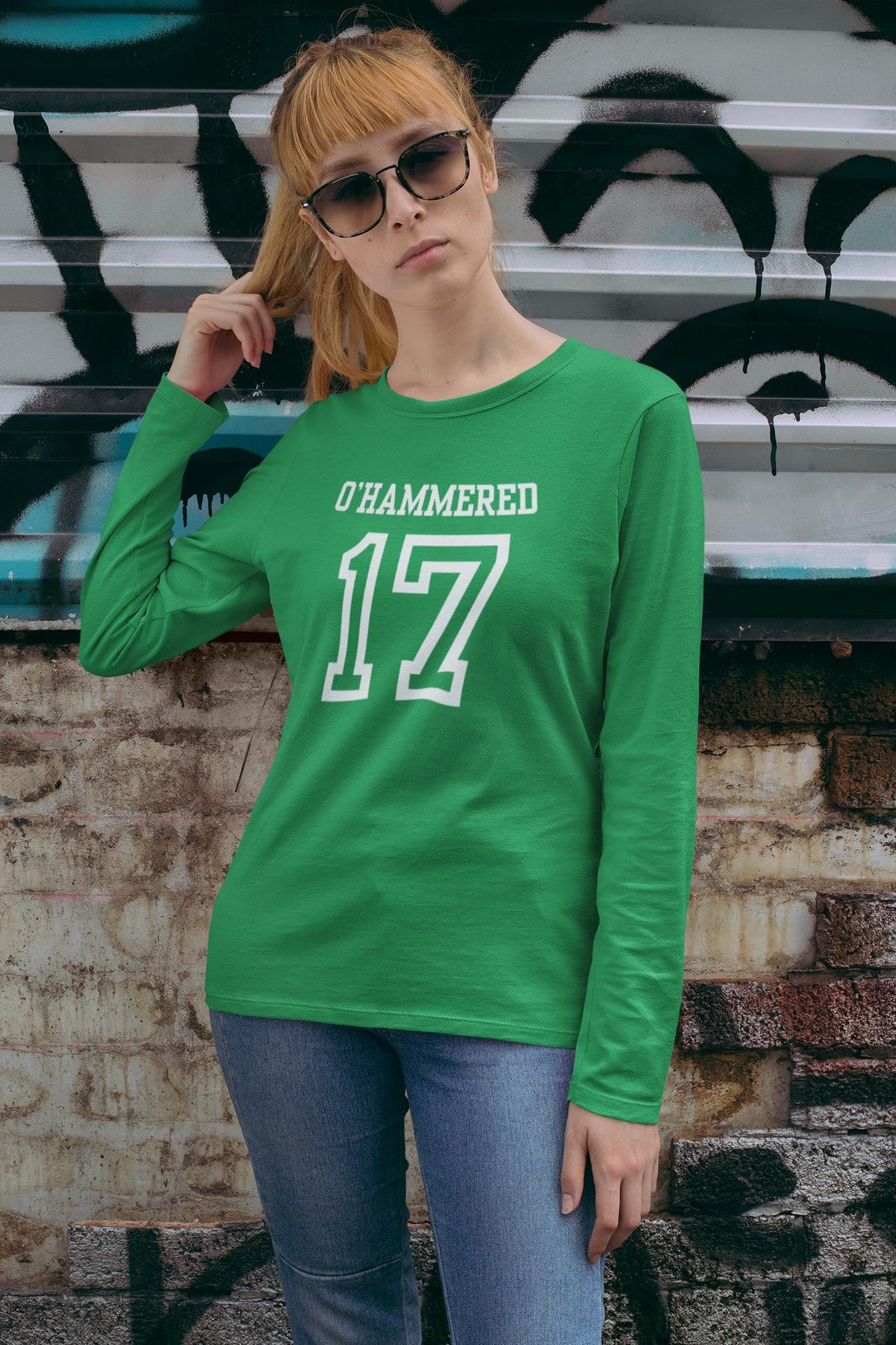 St. Patricks Day Festive and Funny O'Hammered Jersey Style Number 17 Womens Long Sleeve T Shirt Women's Long Sleeves Oldglory.com
