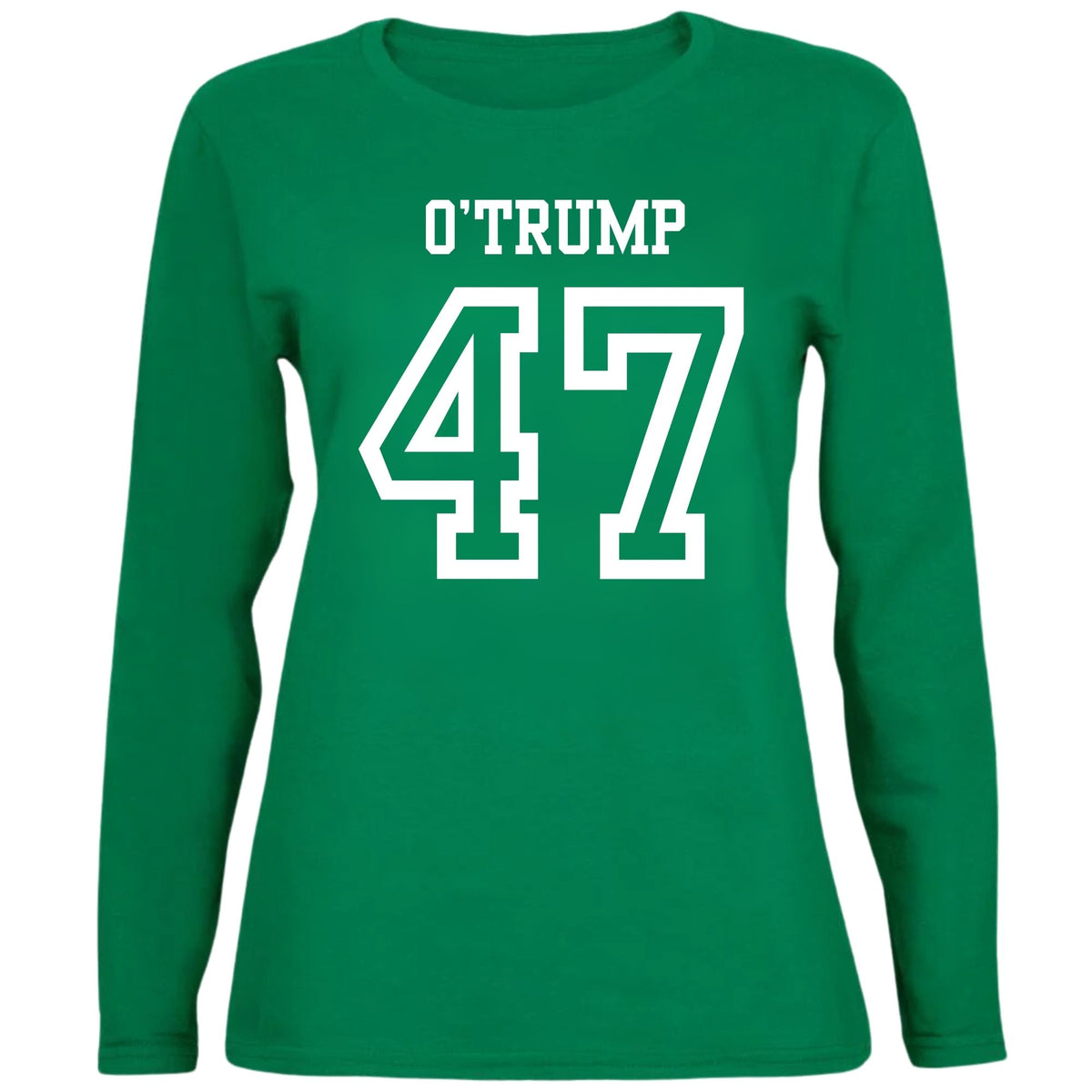 St. Patricks Day Political and Funny O'Trump Jersey Style Number 47 Womens Long Sleeve T Shirt Women's Long Sleeves Oldglory.com SM Green