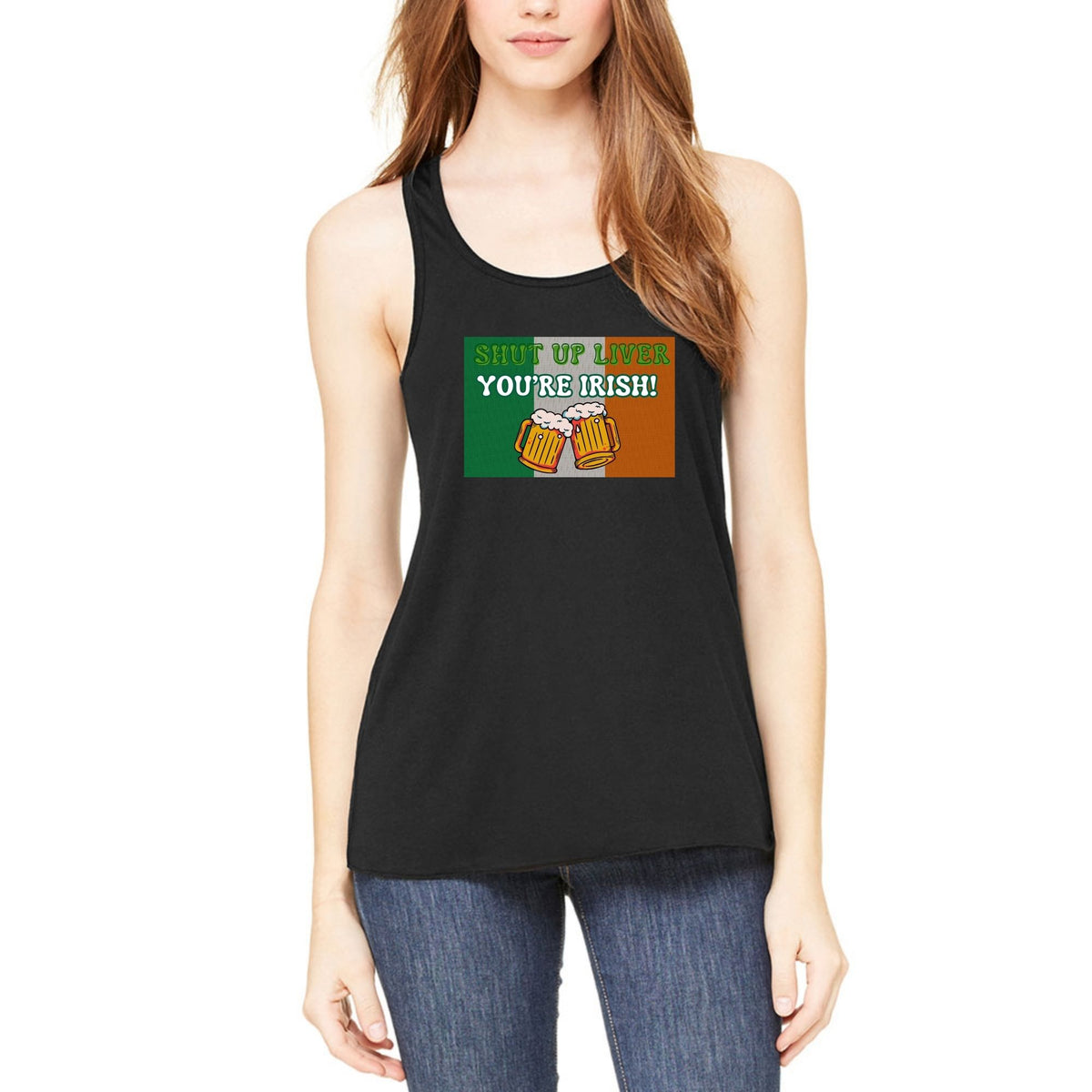 St. Patricks Day Festive and Funny Irish Flag Shut Up Liver, You're Irish Juniors Womens Racerback Tank Top Juniors Tank Tops Oldglory.com SM Black