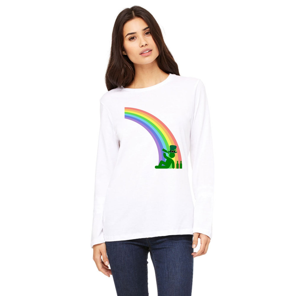 St. Patricks Day Funny Drinking At The End Of The Rainbow Womens Long Sleeve T Shirt Women's Long Sleeves Oldglory.com SM White
