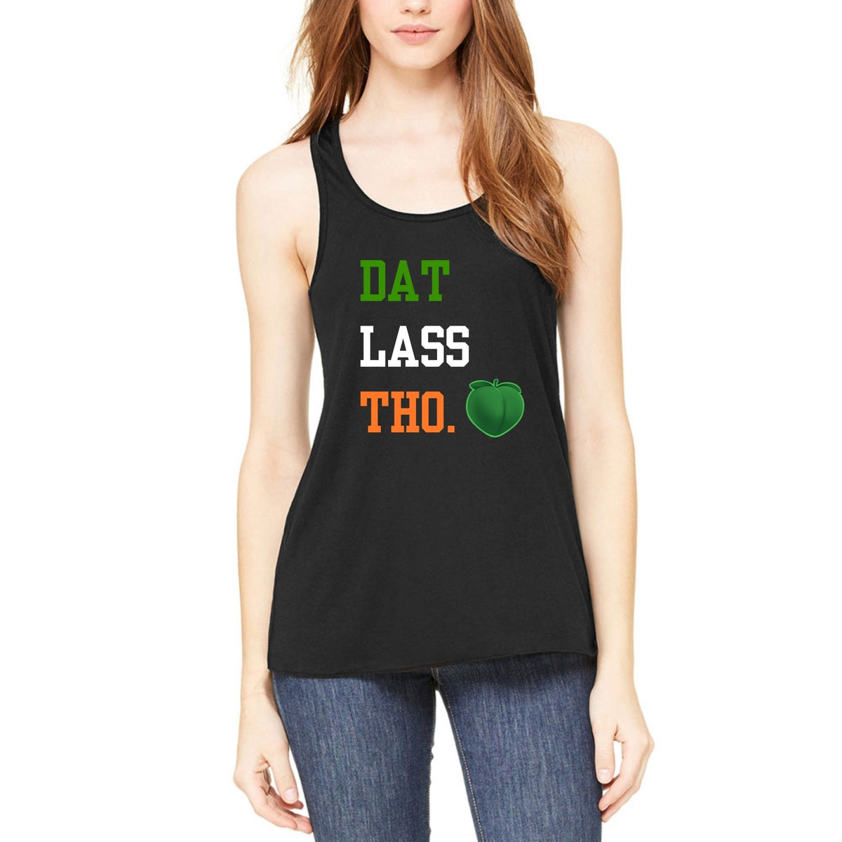 St. Patricks Day Funny Peach Emoji Dat Lass Tho. Juniors Womens Racerback Top Tank Juniors Tank Tops Oldglory.com SM Black