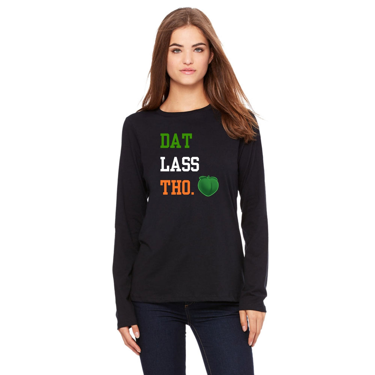 St. Patricks Day Funny Peach Emoji Dat Lass Tho. Womens Long Sleeve T Shirt Women's Long Sleeves Oldglory.com SM Black