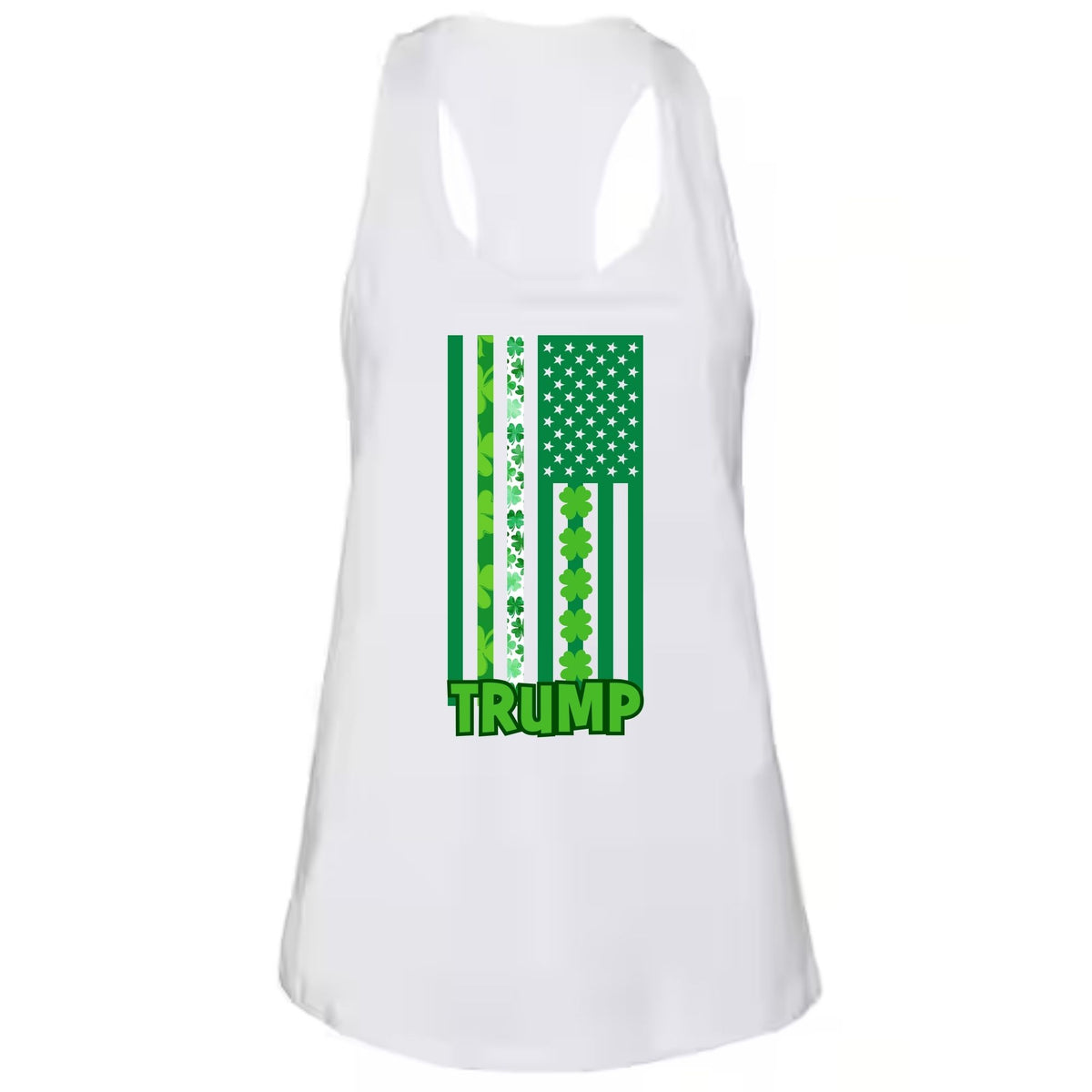 St. Patricks Day Funny and Political Green Shamrock Flag For Trump Juniors Womens Racerback Tank Top Juniors Tank Tops Oldglory.com SM White