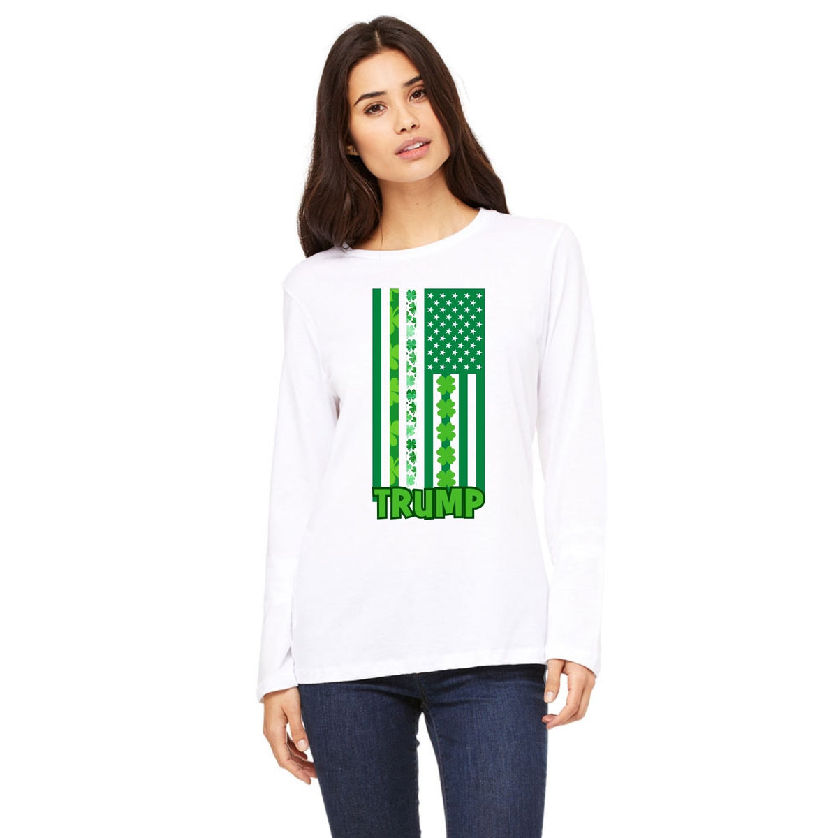St. Patricks Day Funny and Political Green Shamrock Flag For Trump Womens Long Sleeve T Shirt Women's Long Sleeves Oldglory.com SM White