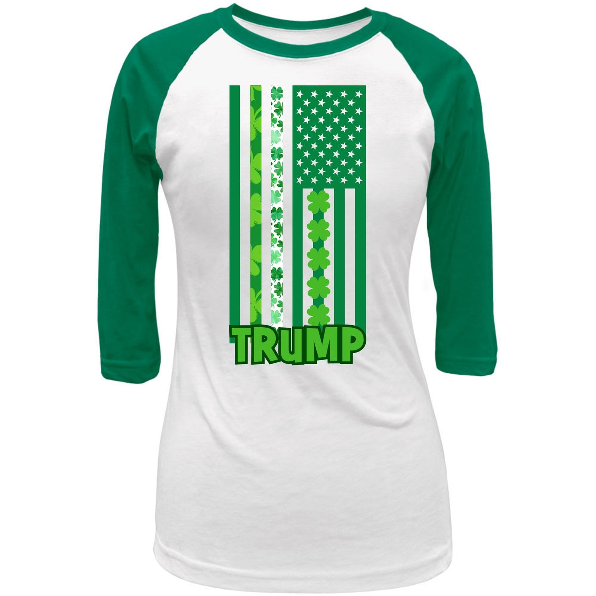 St. Patricks Day Funny and Political Green Shamrock Flag For Trump Juniors Womens 3/4 Raglan T Shirt Women's Raglan Oldglory.com SM Heather Grey-Green