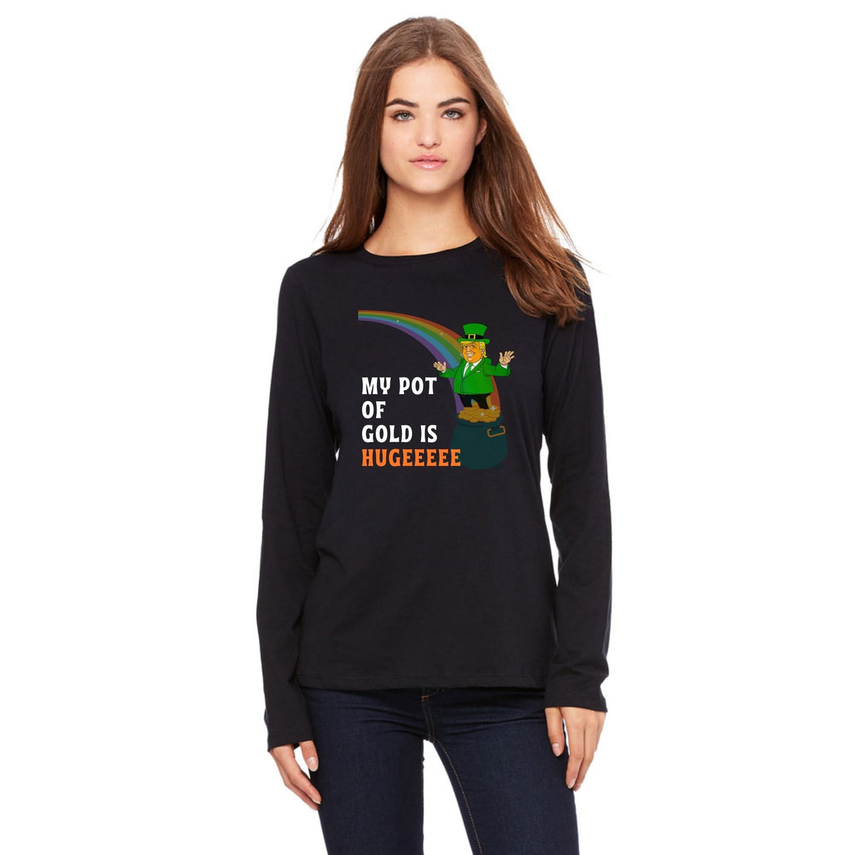 St. Patricks Day Funny and Political Green Trump's My Pot Of Gold Is Hugeeeee Womens Long Sleeve T Shirt Women's Long Sleeves Oldglory.com SM Black