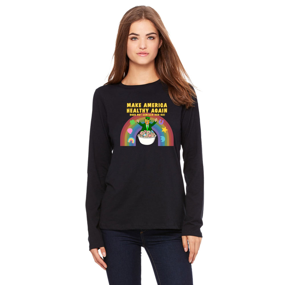 St. Patricks Day Funny and Political Trump Make America Healthy Again Cereal Box Cover Womens Long Sleeve T Shirt Women's Long Sleeves Oldglory.com SM Black