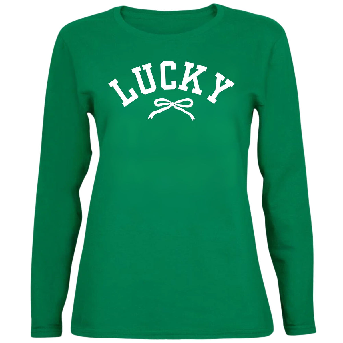 St. Patricks Day Cute Lucky With A Bow Womens Long Sleeve T Shirt Women's Long Sleeves Oldglory.com SM Green