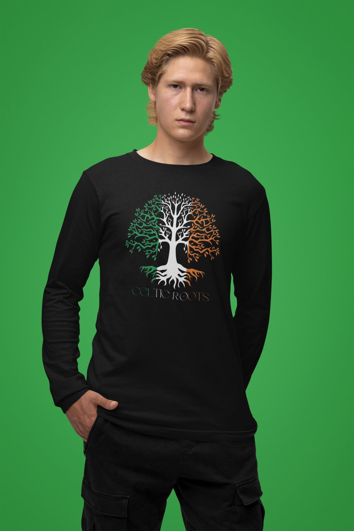St Patricks Day Celtic Roots Irish Flag Tree of Life Mens Long Sleeve T Shirt Men's Long Sleeves Oldglory.com