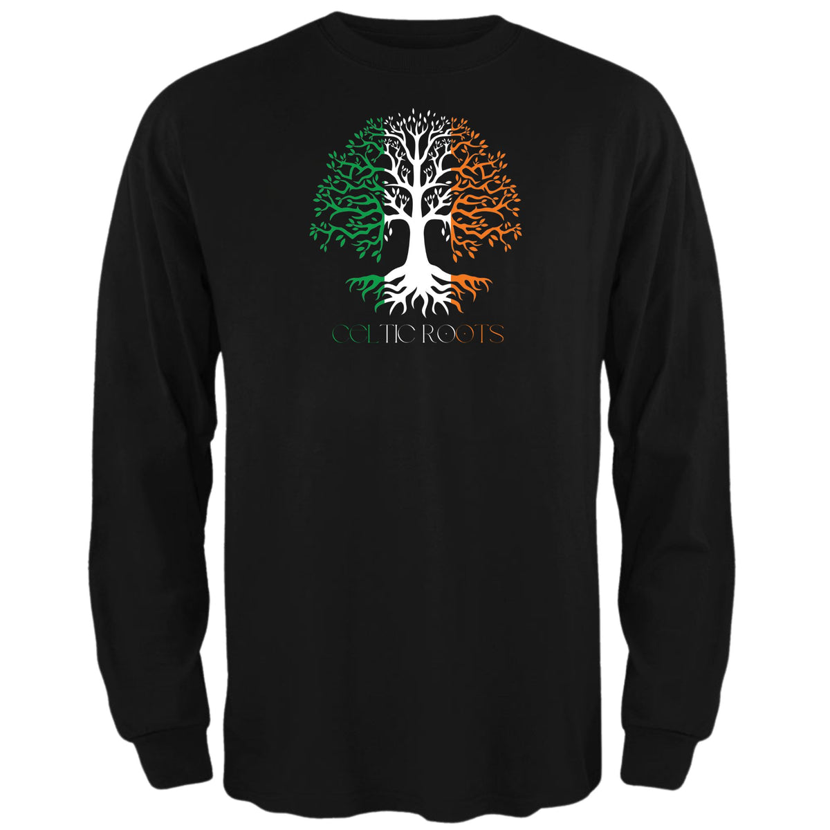 St Patricks Day Celtic Roots Irish Flag Tree of Life Mens Long Sleeve T Shirt Men's Long Sleeves Oldglory.com SM Black