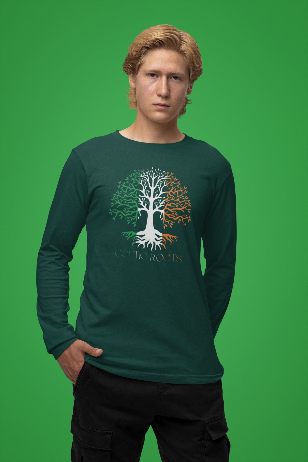 St Patricks Day Celtic Roots Irish Flag Tree of Life Mens Long Sleeve T Shirt Men's Long Sleeves Oldglory.com
