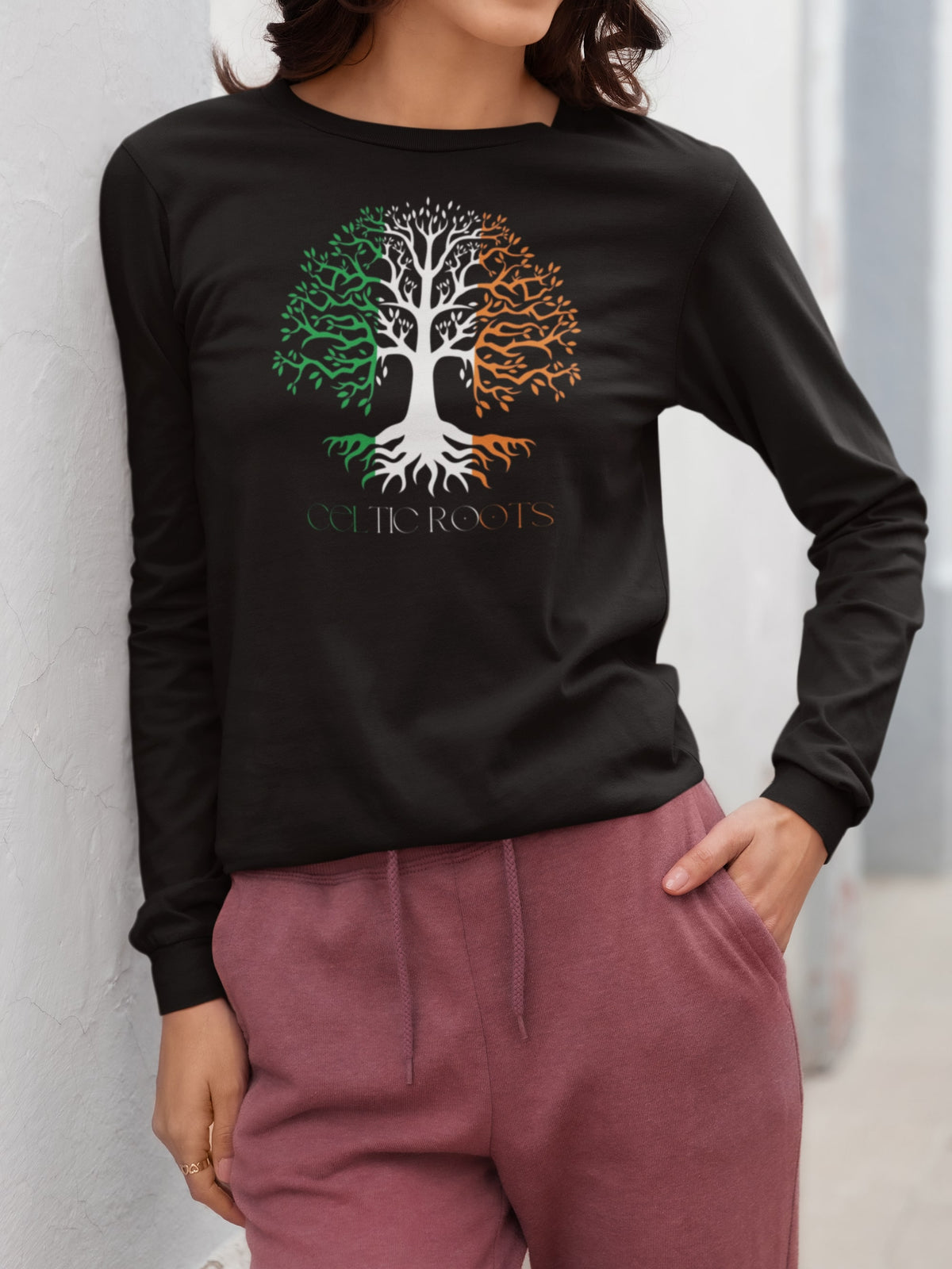 St Patricks Day Celtic Roots Irish Flag Tree of Life Womens Long Sleeve T Shirt Women's Long Sleeves Oldglory.com