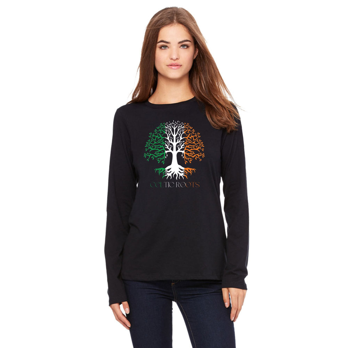 St Patricks Day Celtic Roots Irish Flag Tree of Life Womens Long Sleeve T Shirt Women's Long Sleeves Oldglory.com SM Black