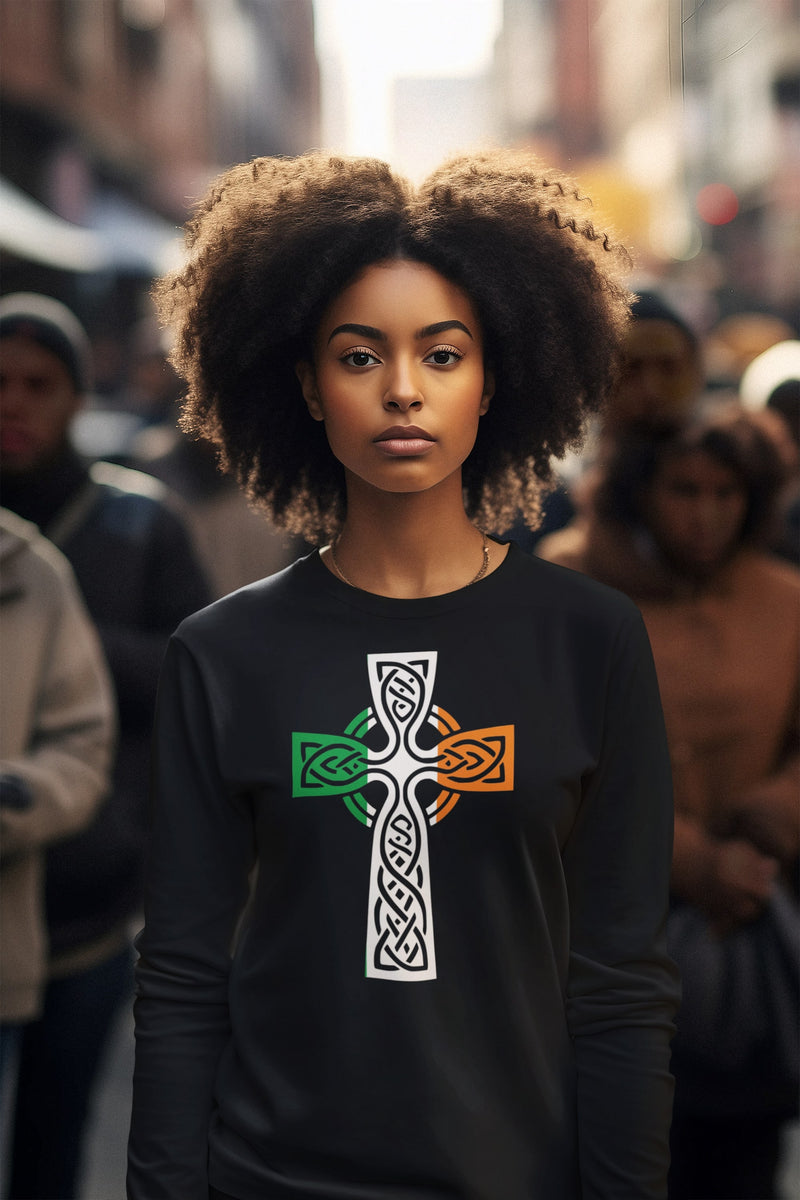 St Patricks Day Irish Flag Large Celtic Cross Womens Long Sleeve T Shirt Women's Long Sleeves Oldglory.com