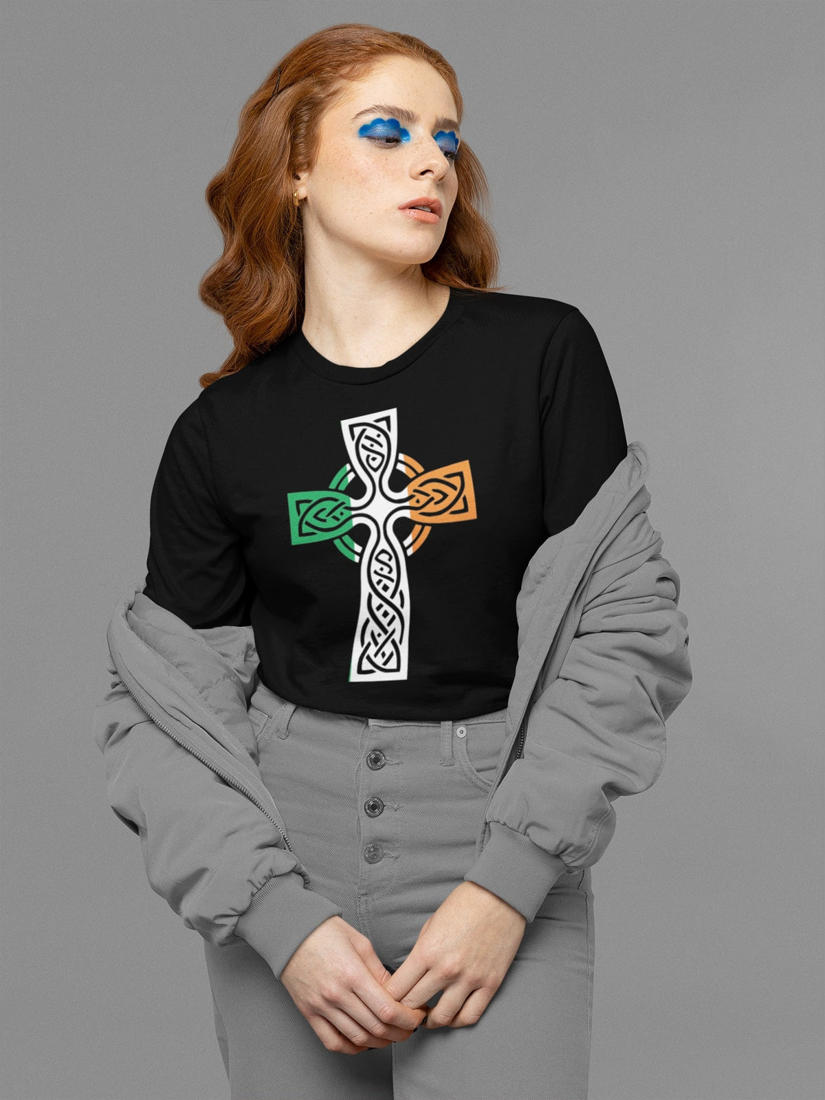 St Patricks Day Irish Flag Large Celtic Cross Womens Long Sleeve T Shirt Women's Long Sleeves Oldglory.com