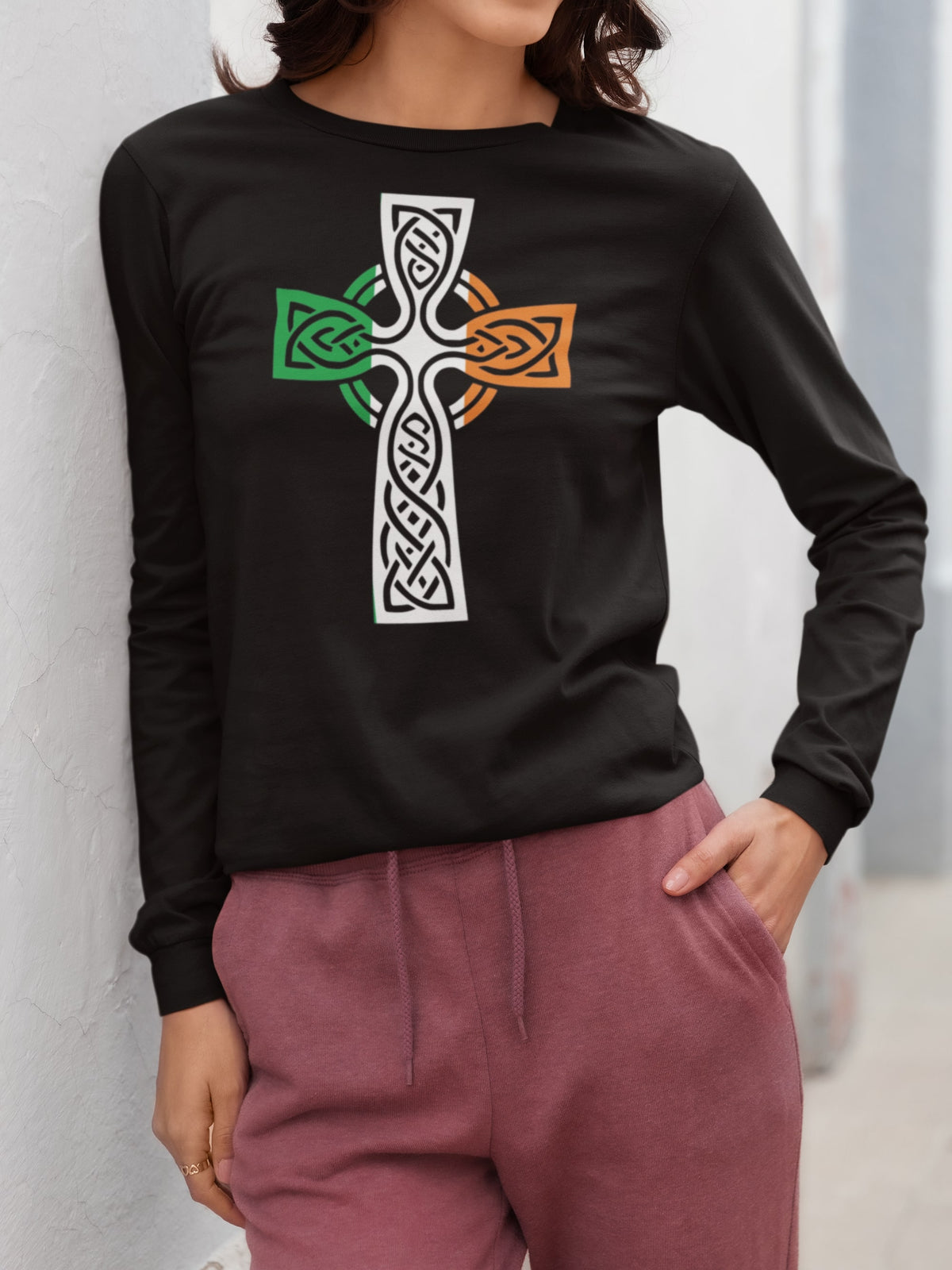 St Patricks Day Irish Flag Large Celtic Cross Womens Long Sleeve T Shirt Women's Long Sleeves Oldglory.com