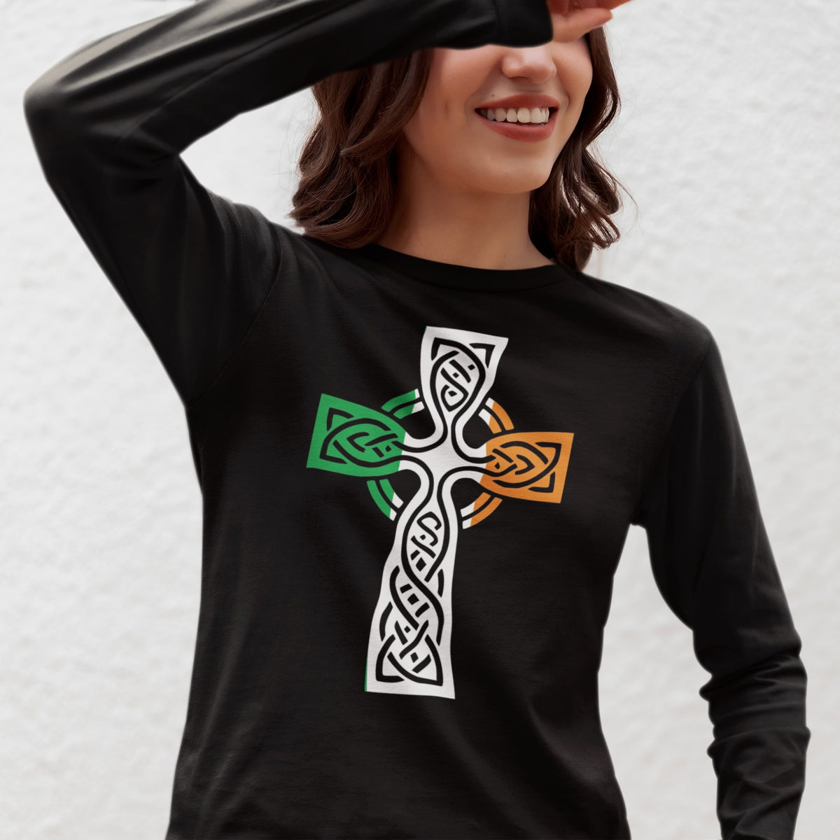 St Patricks Day Irish Flag Large Celtic Cross Womens Long Sleeve T Shirt Women's Long Sleeves Oldglory.com