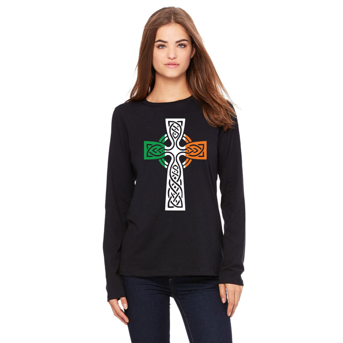 St Patricks Day Irish Flag Large Celtic Cross Womens Long Sleeve T Shirt Women's Long Sleeves Oldglory.com SM Black